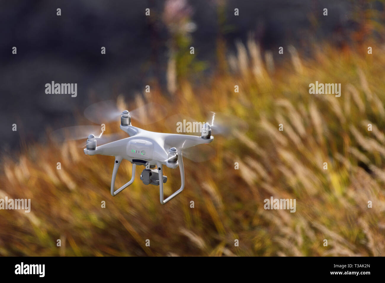 Drone flying over dramatically golden lit alpine autumn landscape Stock Photo