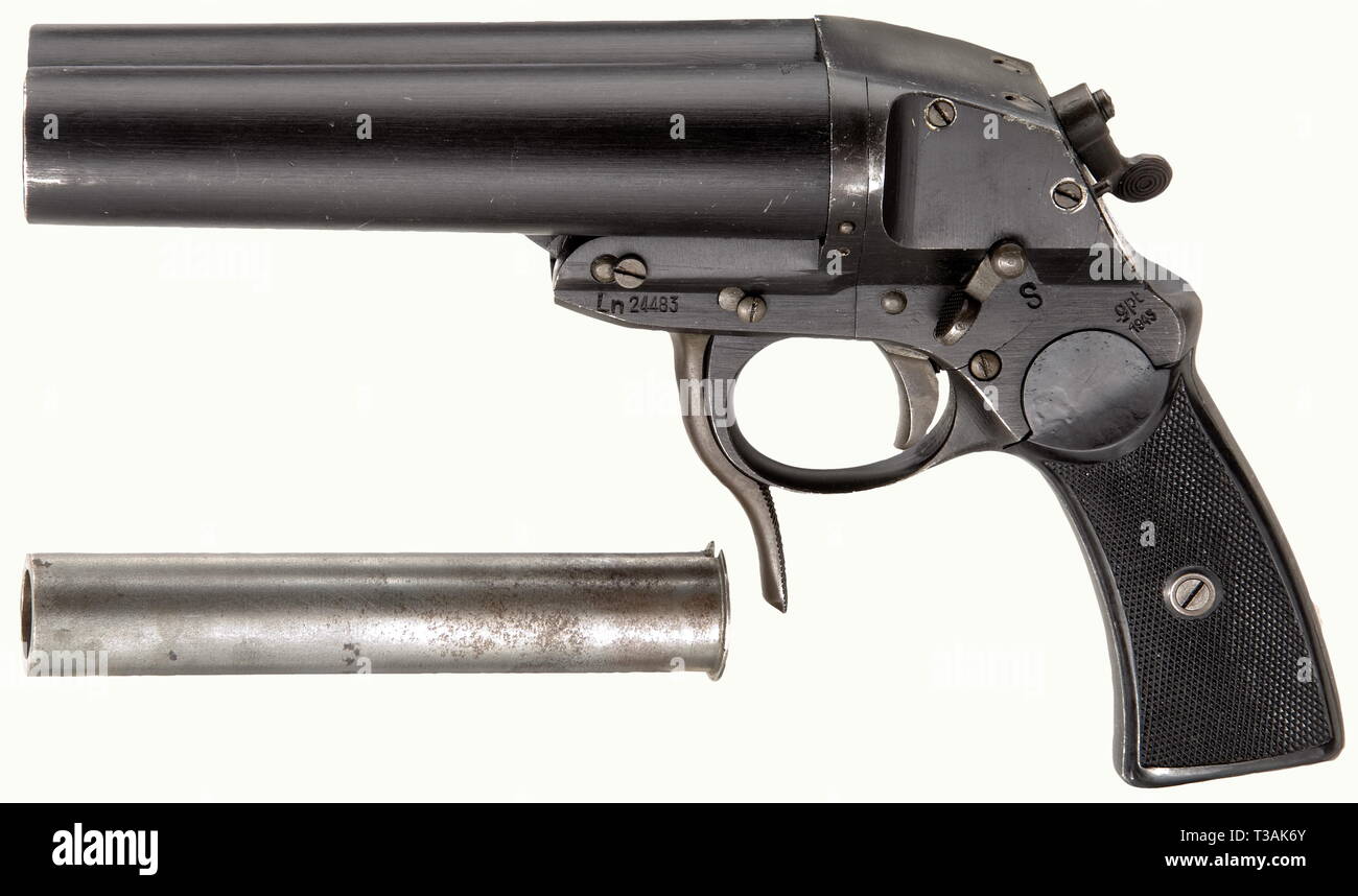 SERVICE WEAPONS, GERMANY UNTIL 1945, double-barrelled flare gun for airmen, model L with shotgun insert barrel, calibre 4, number 614, Editorial-Use-Only Stock Photo