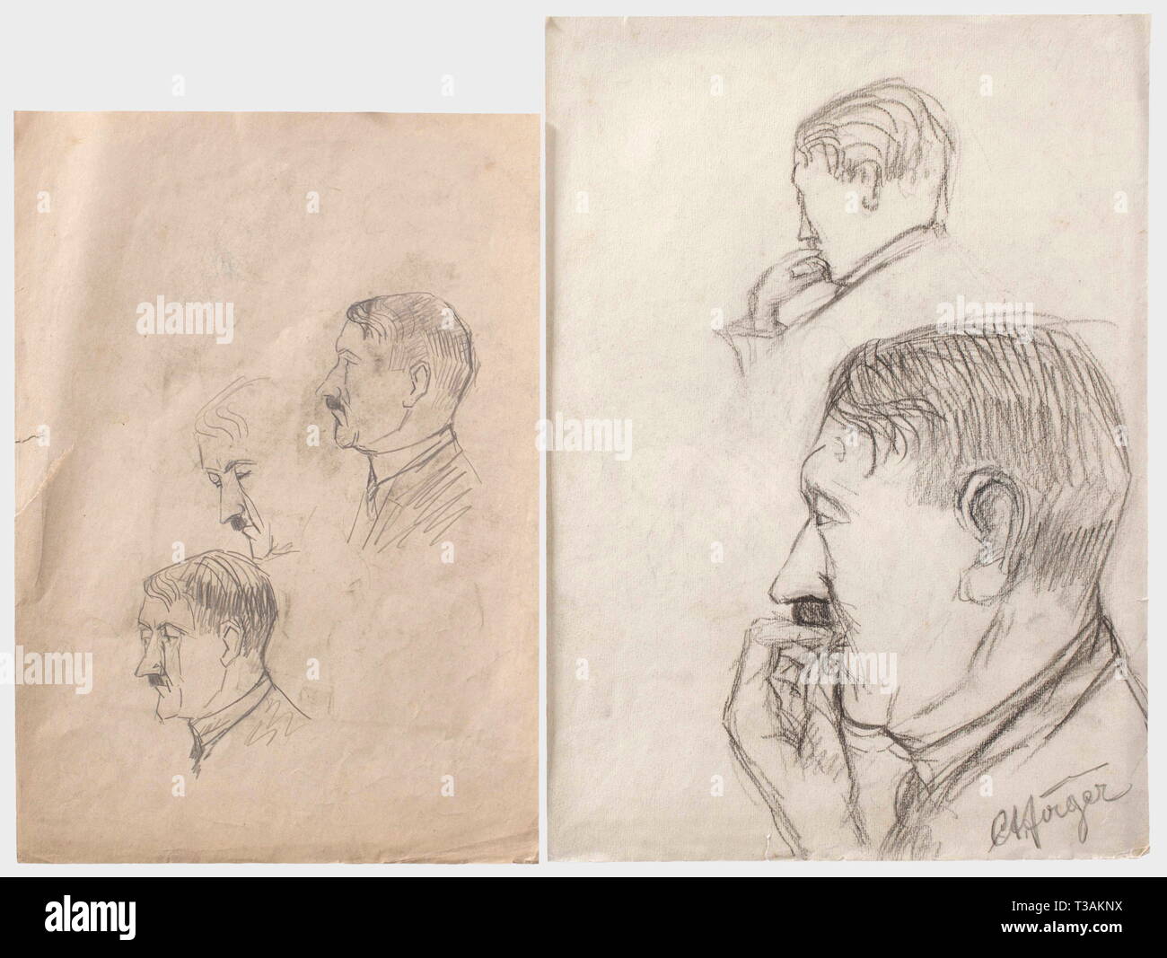 Hitler trial 1924 - sketches from the court room., 19 drawings by the trial observer Carl August Jäger made at the court hearings against Hitler and his companions of the Beer Hall Putsch on 9th November 1923. Some portraits with signatures of the depicted persons, among them Ernst Röhm and Hermann Kriebl. As no photographs were taken during the proceedings, this is the only authentic picture material of the Hitler trial, which was held at the People's Court Munich I. Jäger sold the drawings, some of which entered the Munich Monacensia Library. Carl August Jäger (1879 - 195, Editorial-Use-Only Stock Photo