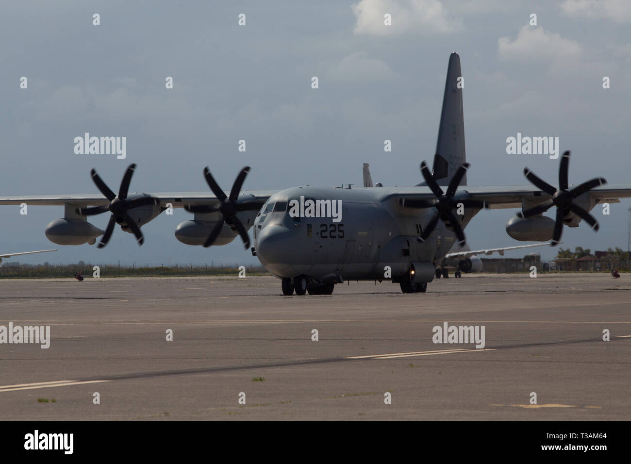 A U.S. Marine Corps KC-130J Super Hercules taxis at Naval Air Station Sigonella, Italy, April 6, 2019. The aircraft transported Marines and equipment with the aviation combat element for Special Purpose Marine Air-Ground Task Force-Crisis Response-Africa 19.2, Marine Forces Europe and Africa. SPMAGTF-CR-AF provides an autonomous, self-deploying, and highly mobile crisis response force to U.S. AFRICOM. The aircraft is with Marine Aerial Refueler Transport Squadron 252. (U.S. Marine Corps photo by Staff Sgt. Mark E Morrow Jr) Stock Photo
