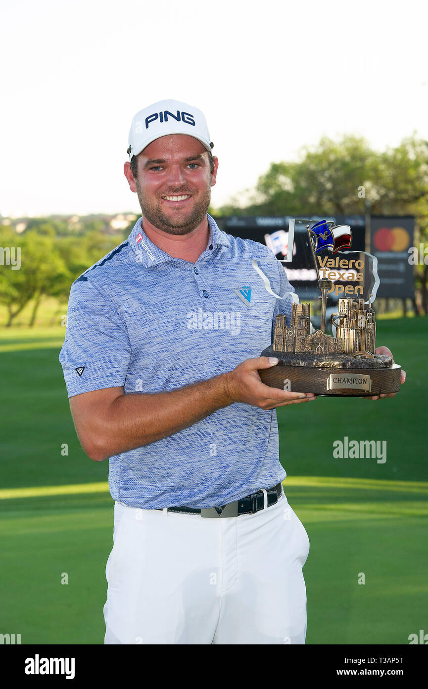 San Antonio, Texas, USA. April 07, 2019: Corey Conners celebrates his win final round at the Valero Texas Open, TPC San Antonio Oaks Course. San Antonio, Texas. Mario Cantu/CSM Credit: Cal Sport Media/Alamy Live News Stock Photo