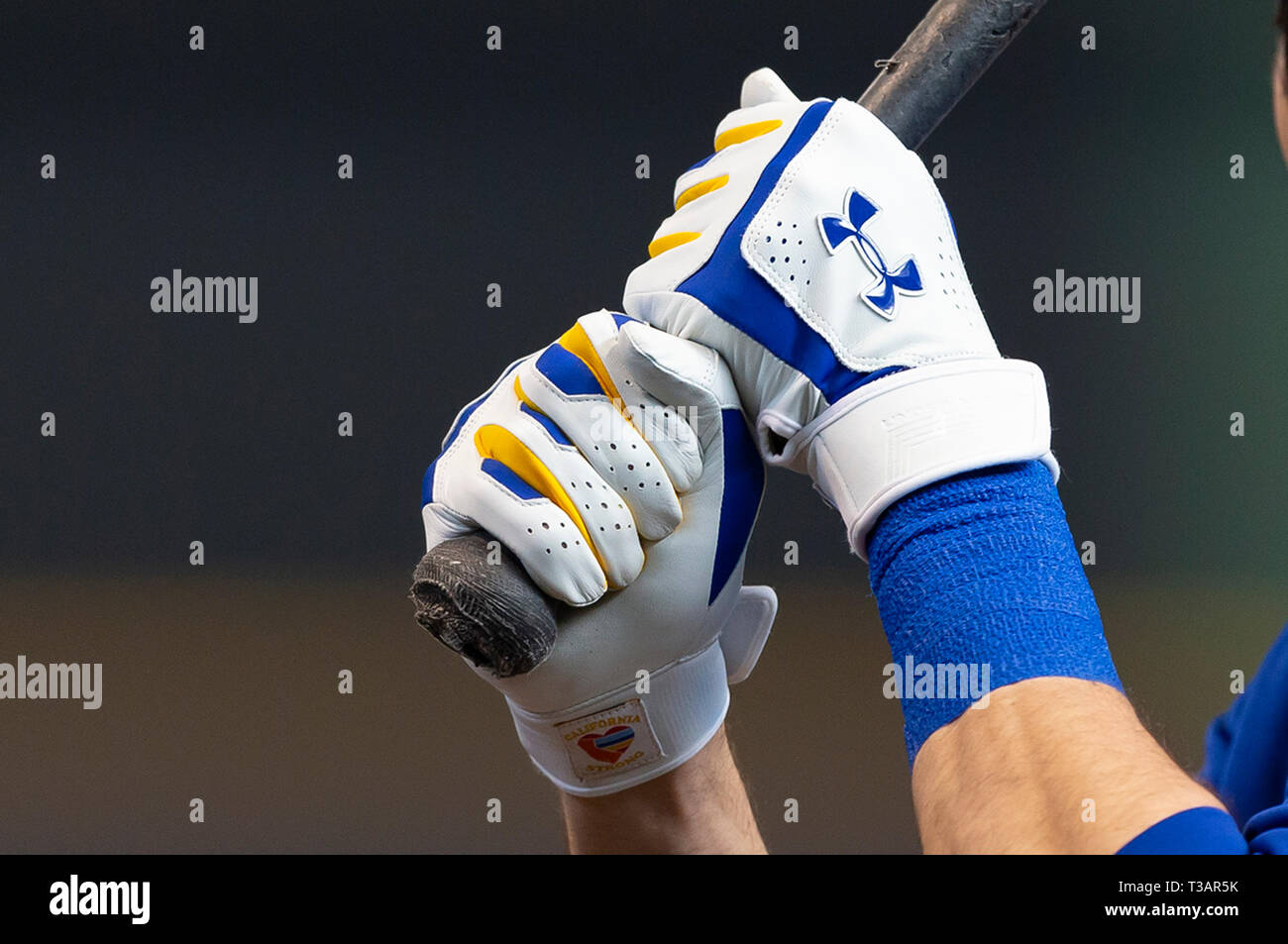Milwaukee, WI, USA. 6th Apr, 2019. California Strong Under Armour Batting  gloves worn by Milwaukee Brewers right fielder Christian Yelich #22 before  the Major League Baseball game between the Milwaukee Brewers and