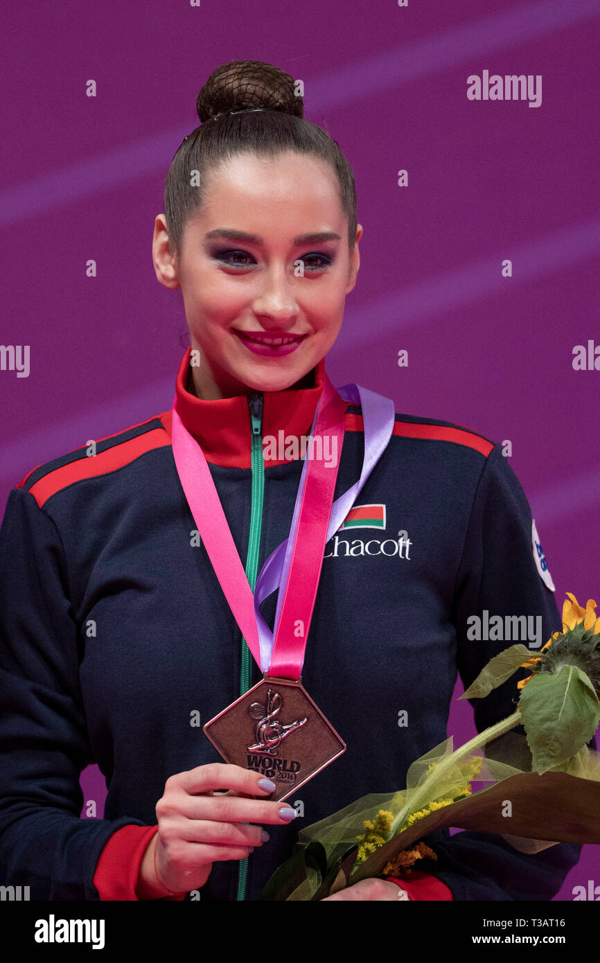 Pesaro, Italy. 7th Apr, 2019. Belarus Katsiaryna Halkina during the FIG Rhythmic Gymnastics World Cup Pesaro 2019 Individual Hoop Award Ceremony at Adriatic Arena in Pesaro, Italy, April 7, 2019. Credit: Aflo Co. Ltd./Alamy Live News Stock Photo