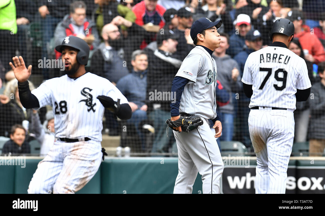 Cleveland, USA. 21st Apr, 2022. Chicago White Sox's Leury Garcia (28)  throws to first base against the Cleveland Guardians in the sixth inning at  Progressive Field in Cleveland, Ohio on Thursday, April