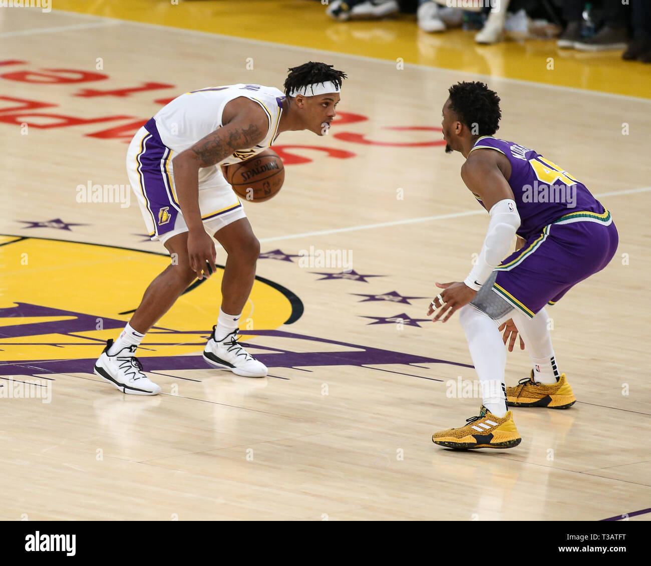 Los Angeles, USA. 7th Apr 2019. Los Angeles Lakers forward Jemerrio Jones (10) being guarded by Utah Jazz guard Donovan Mitchell (45) during the Utah Jazz vs Los Angeles Lakers game at Staples Center in Los Angeles, CA. on April 7, 2019. (Photo by Jevone Moore) Credit: Cal Sport Media/Alamy Live News Stock Photo