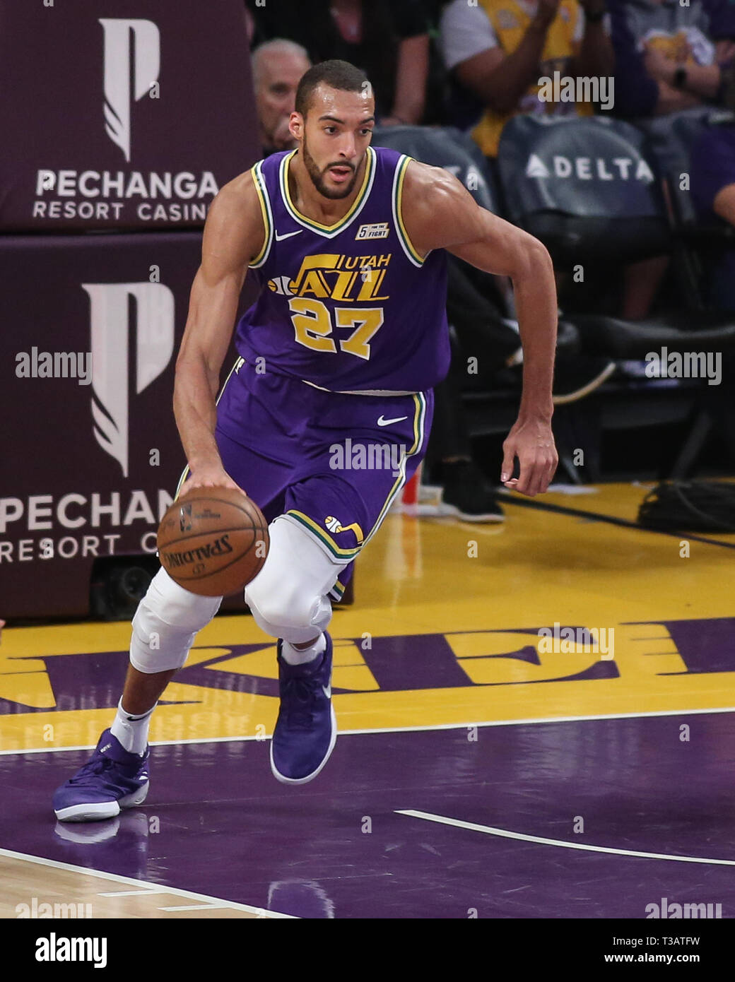 Los Angeles, USA. 7th Apr 2019. Utah Jazz center Rudy Gobert (27) during the Utah Jazz vs Los Angeles Lakers game at Staples Center in Los Angeles, CA. on April 7, 2019. (Photo by Jevone Moore) Credit: Cal Sport Media/Alamy Live News Stock Photo