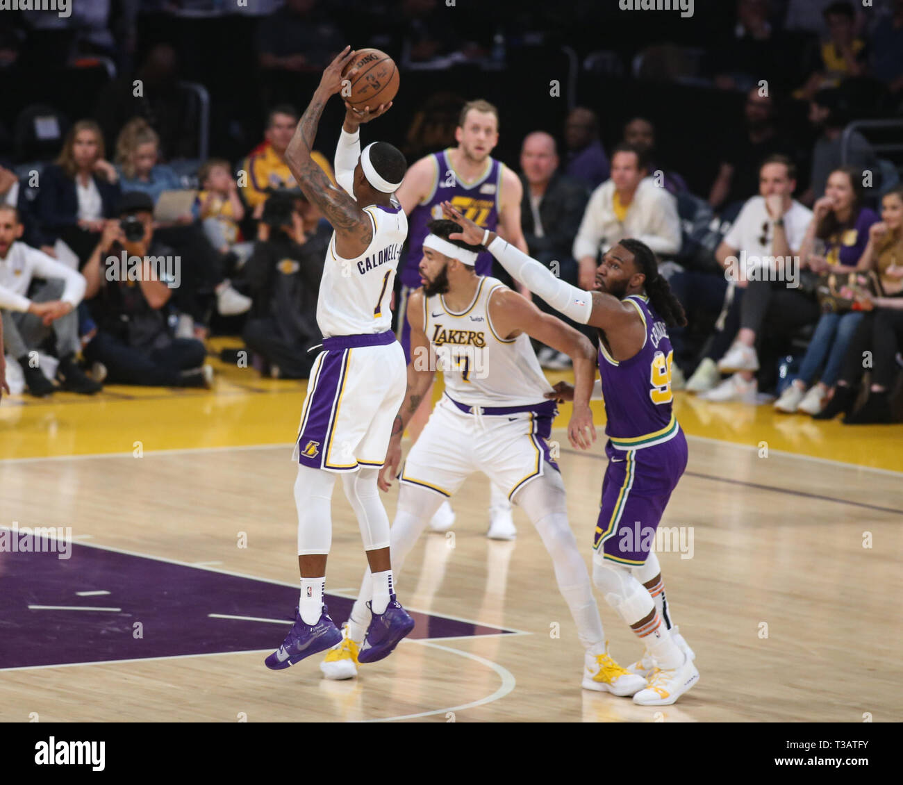 Los Angeles, USA. 7th Apr 2019. Los Angeles Lakers guard Kentavious Caldwell-Pope (1) during the Utah Jazz vs Los Angeles Lakers game at Staples Center in Los Angeles, CA. on April 7, 2019. (Photo by Jevone Moore) Credit: Cal Sport Media/Alamy Live News Stock Photo