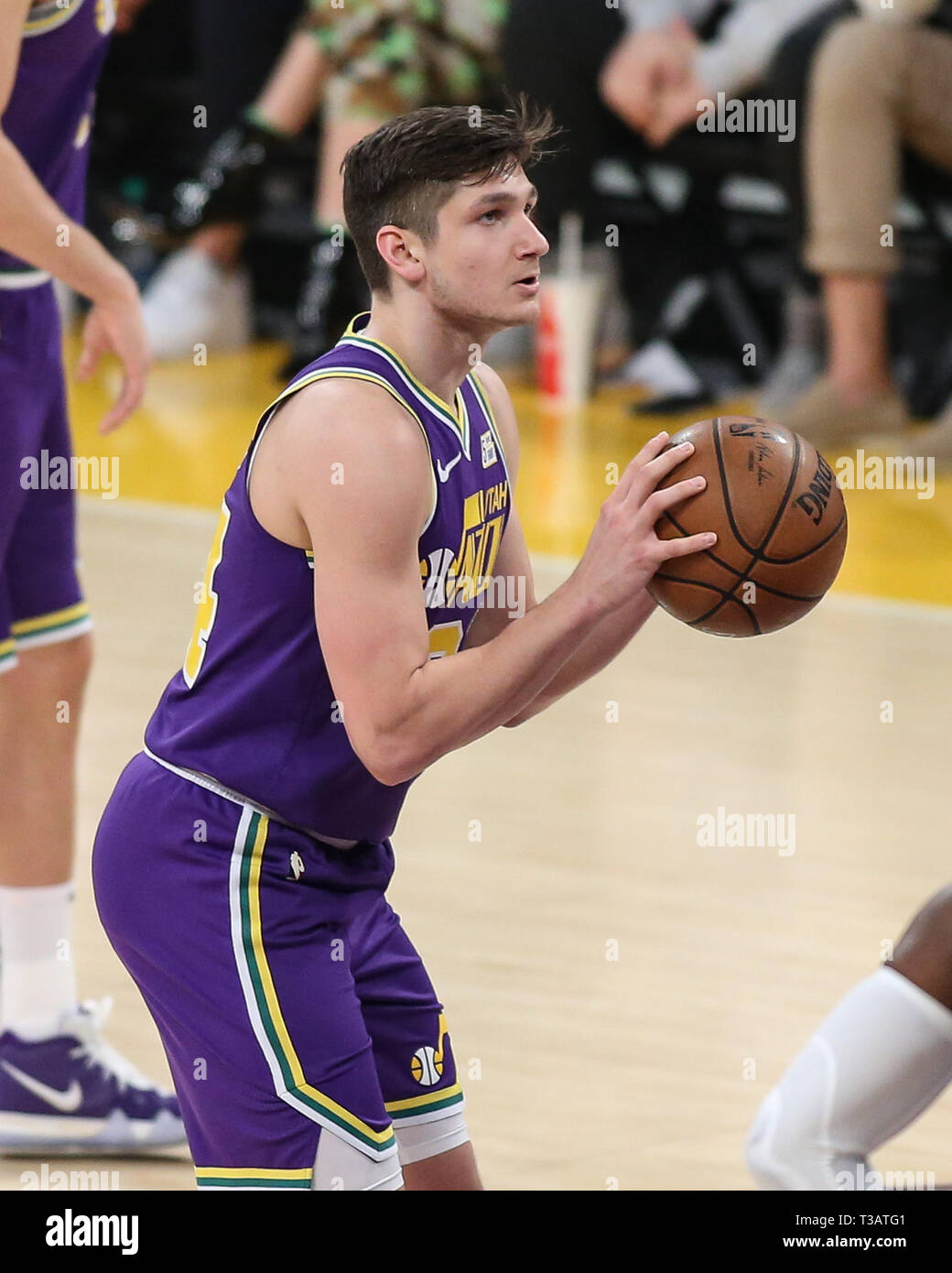 Los Angeles, USA. 7th Apr 2019. Utah Jazz guard Grayson Allen (24) during the Utah Jazz vs Los Angeles Lakers game at Staples Center in Los Angeles, CA. on April 7, 2019. (Photo by Jevone Moore) Credit: Cal Sport Media/Alamy Live News Stock Photo