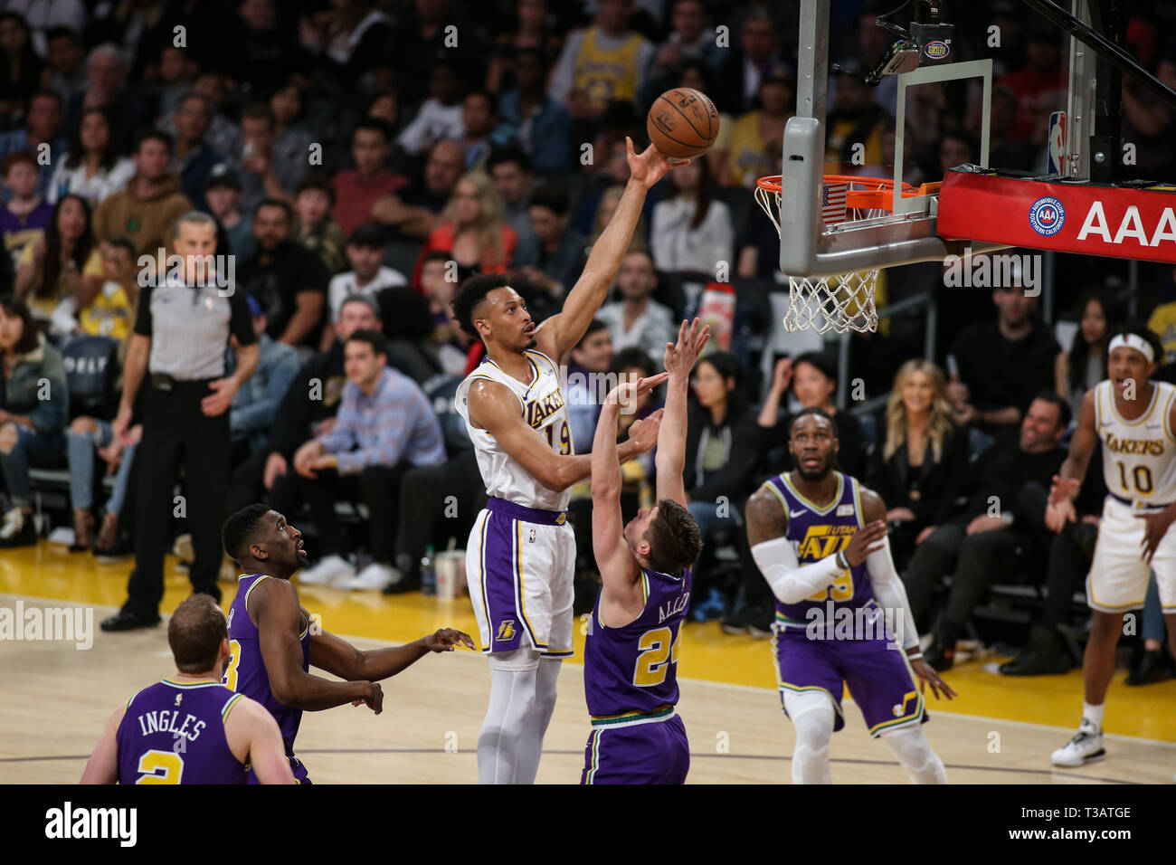 Los Angeles, USA. 7th Apr 2019. Los Angeles Lakers forward Johnathan Williams (19) during the Utah Jazz vs Los Angeles Lakers game at Staples Center in Los Angeles, CA. on April 7, 2019. (Photo by Jevone Moore) Credit: Cal Sport Media/Alamy Live News Stock Photo
