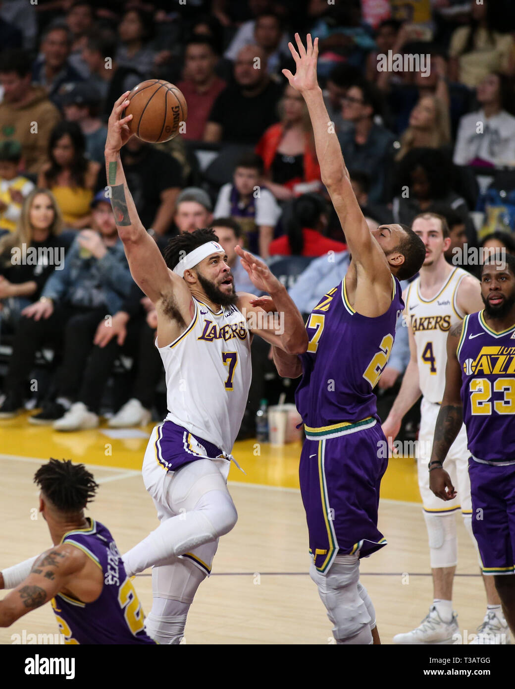 Los Angeles, USA. 7th Apr 2019. Los Angeles Lakers center JaVale McGee (7) going up against Utah Jazz center Rudy Gobert (27) during the Utah Jazz vs Los Angeles Lakers game at Staples Center in Los Angeles, CA. on April 7, 2019. (Photo by Jevone Moore) Credit: Cal Sport Media/Alamy Live News Stock Photo