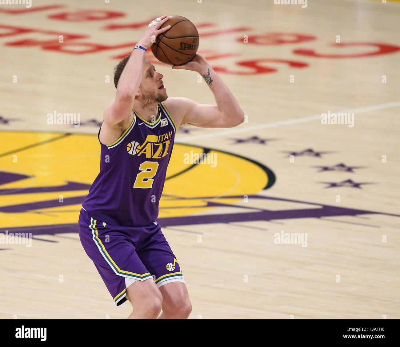 Los Angeles, USA. 7th Apr 2019. Utah Jazz forward Joe Ingles (2) during the Utah Jazz vs Los Angeles Lakers game at Staples Center in Los Angeles, CA. on April 7, 2019. (Photo by Jevone Moore) Credit: Cal Sport Media/Alamy Live News Stock Photo