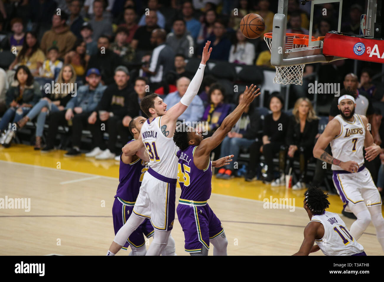 Los Angeles, USA. 7th Apr 2019. Utah Jazz guard Donovan Mitchell (45) with a lay-up during the Utah Jazz vs Los Angeles Lakers game at Staples Center in Los Angeles, CA. on April 7, 2019. (Photo by Jevone Moore) Credit: Cal Sport Media/Alamy Live News Stock Photo