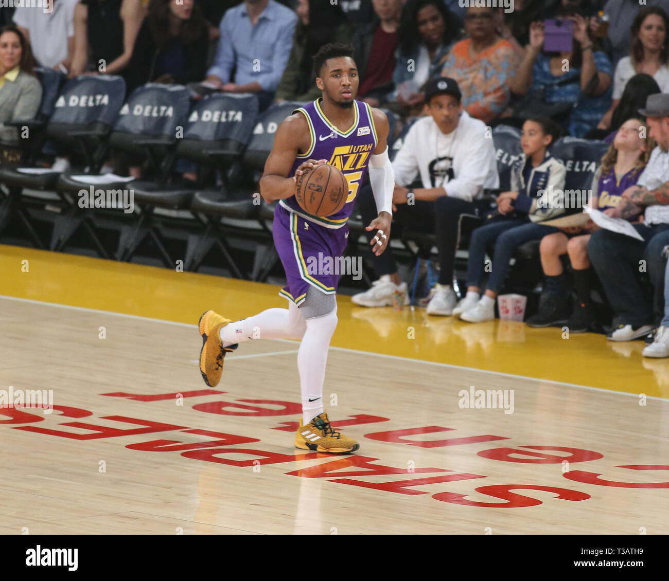 Los Angeles, USA. 7th Apr 2019. Utah Jazz guard Donovan Mitchell (45) during the Utah Jazz vs Los Angeles Lakers game at Staples Center in Los Angeles, CA. on April 7, 2019. (Photo by Jevone Moore) Credit: Cal Sport Media/Alamy Live News Stock Photo