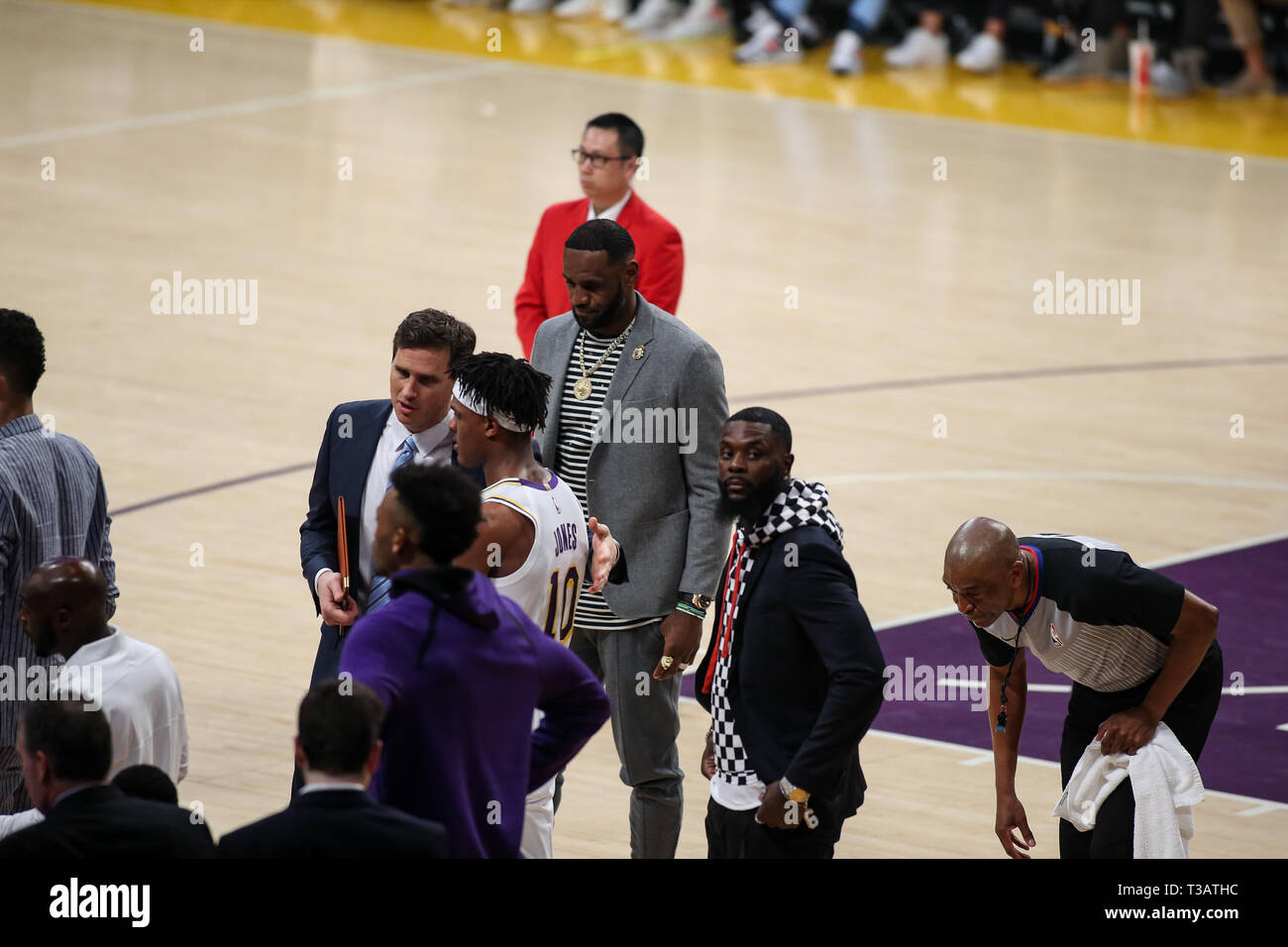 Los Angeles, USA. 7th Apr 2019. Los Angeles Lakers forward LeBron James (23) during a timeout of the Utah Jazz vs Los Angeles Lakers game at Staples Center in Los Angeles, CA. on April 7, 2019. (Photo by Jevone Moore) Credit: Cal Sport Media/Alamy Live News Stock Photo