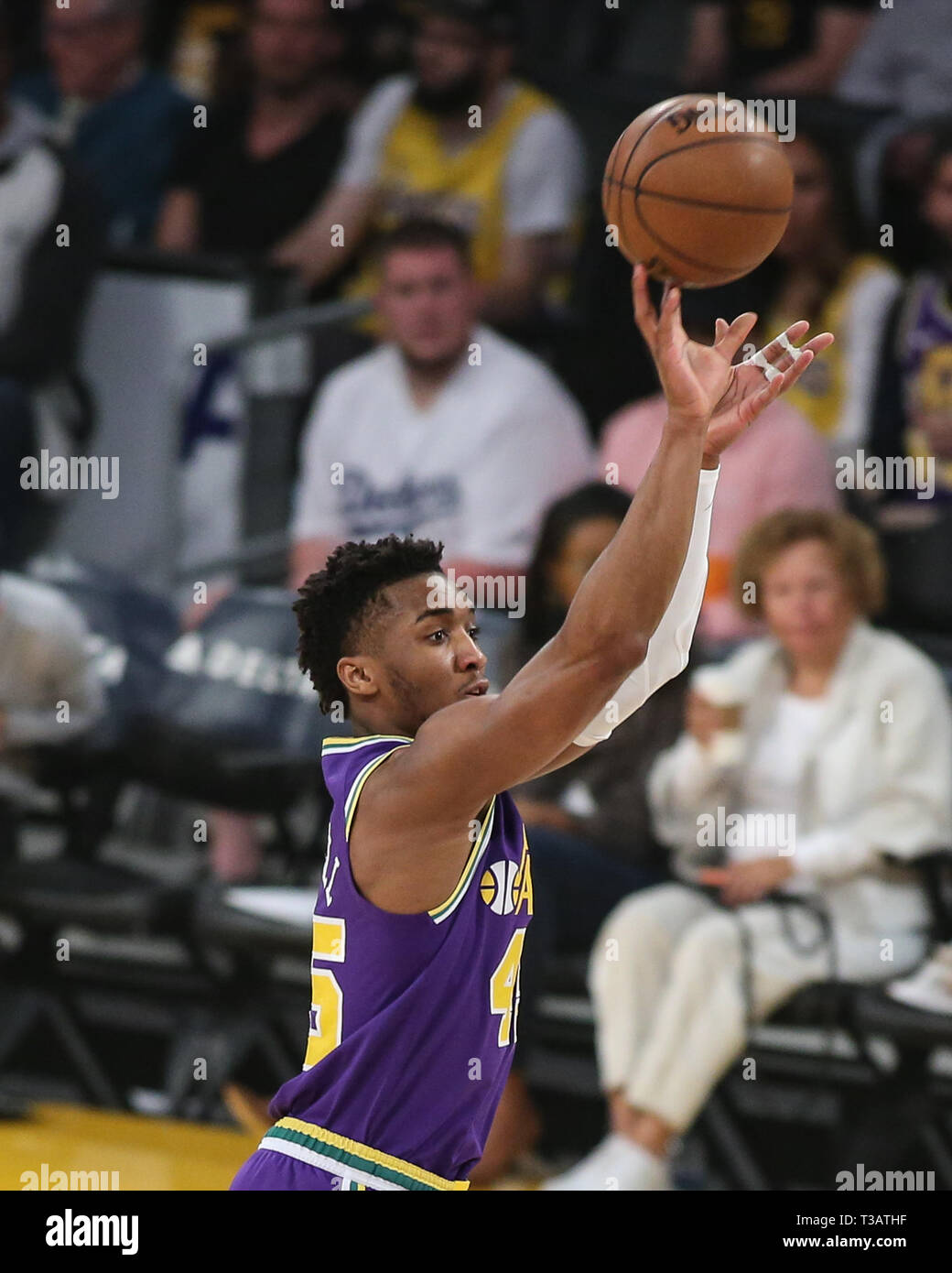 Los Angeles, USA. 7th Apr 2019. Utah Jazz guard Donovan Mitchell (45) shoots a jumper during the Utah Jazz vs Los Angeles Lakers game at Staples Center in Los Angeles, CA. on April 7, 2019. (Photo by Jevone Moore) Credit: Cal Sport Media/Alamy Live News Stock Photo