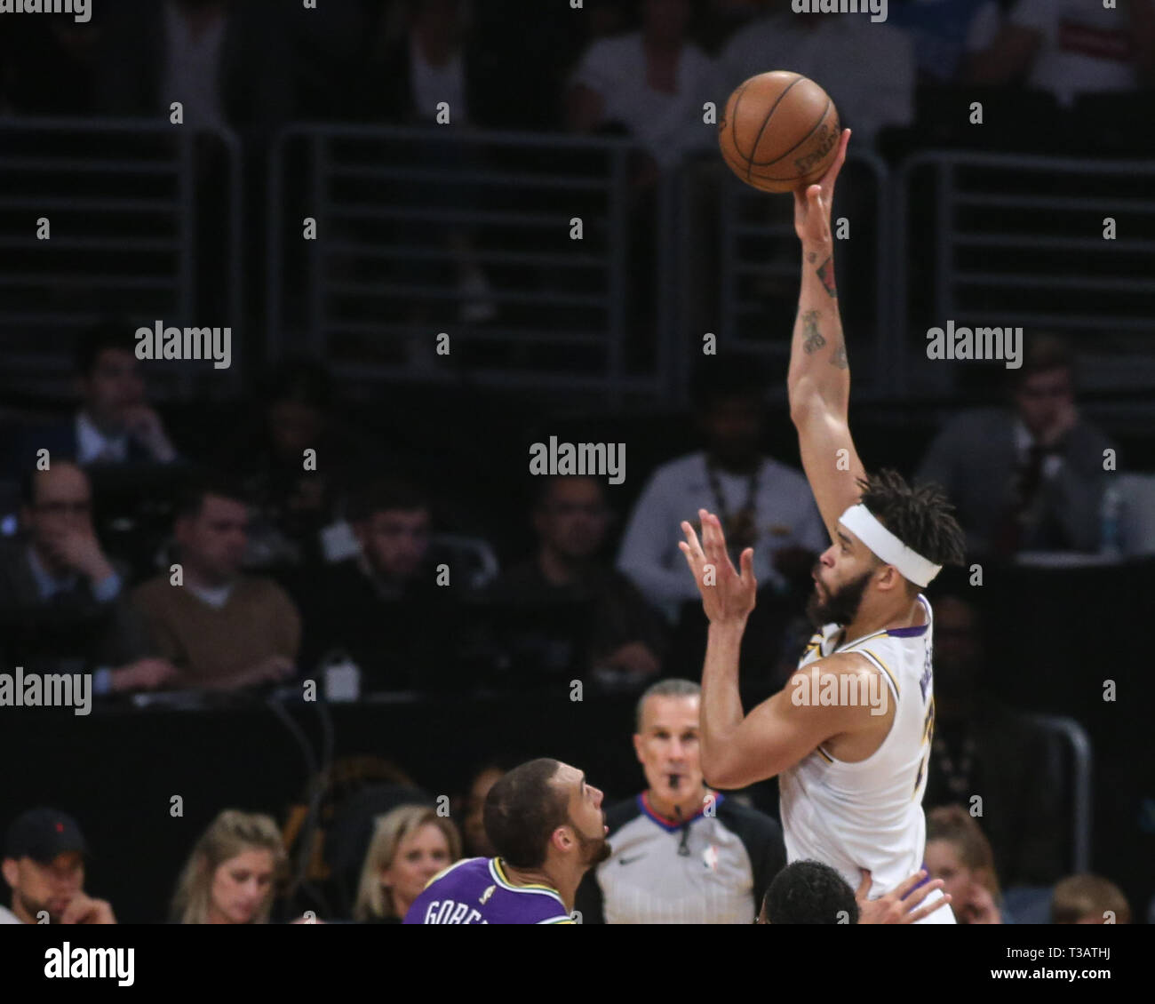 Los Angeles, USA. 7th Apr 2019. Los Angeles Lakers center JaVale McGee (7) with skyhook during the Utah Jazz vs Los Angeles Lakers game at Staples Center in Los Angeles, CA. on April 7, 2019. (Photo by Jevone Moore) Credit: Cal Sport Media/Alamy Live News Stock Photo
