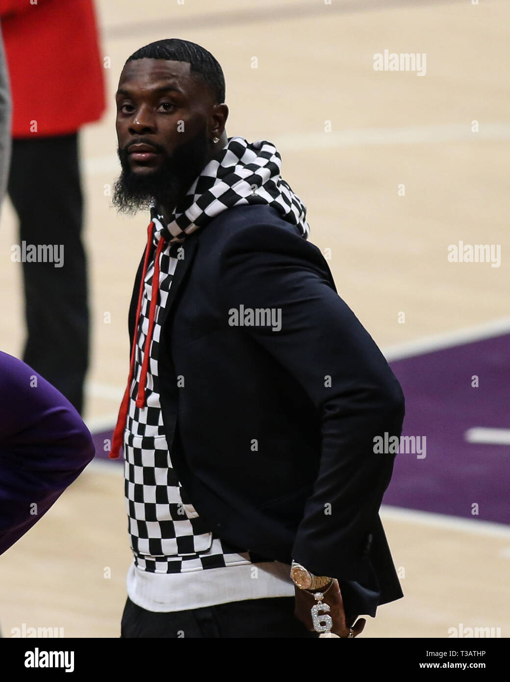 Los Angeles, USA. 7th Apr 2019. Los Angeles Lakers guard Lance Stephenson (6) during a timeout at the Utah Jazz vs Los Angeles Lakers game at Staples Center in Los Angeles, CA. on April 7, 2019. (Photo by Jevone Moore) Credit: Cal Sport Media/Alamy Live News Stock Photo