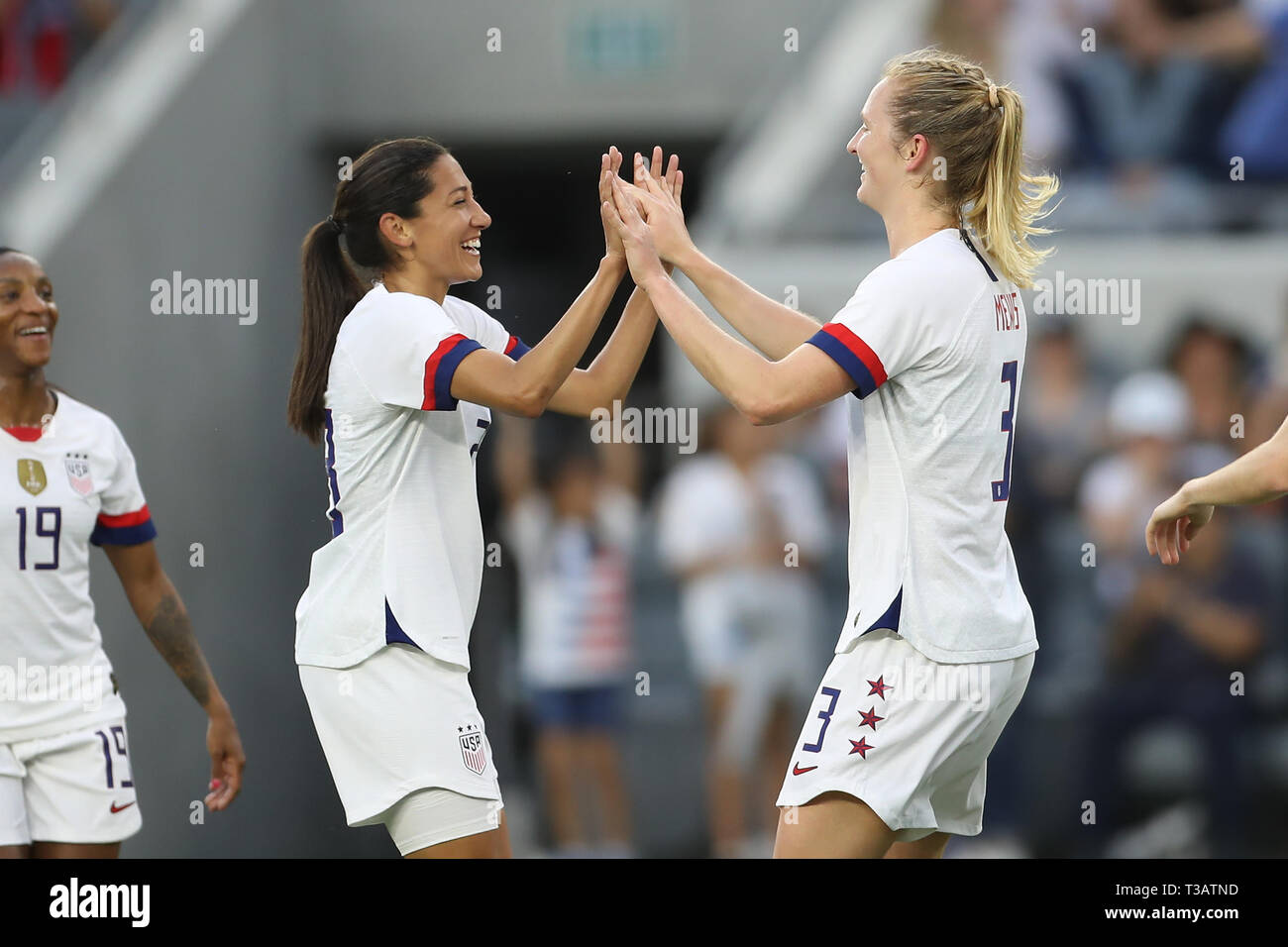 April 7, 2019:United States of America midfielder Samantha Mewis (3) gets fives from a teammate after scoring a goal in the first half during the game between Belgium and USA at Banc of California Stadium in Los Angeles, CA. USA. (Photo by Peter Joneleit) Stock Photo