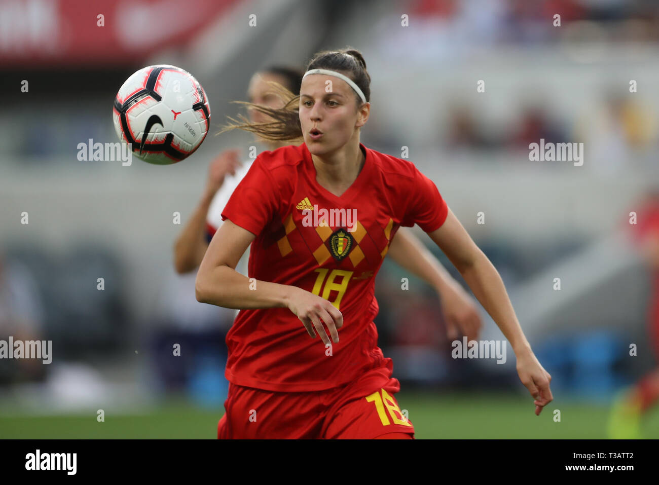April 7, 2019:Belgium defender Laura De Neve (18) tries to chase down the pass in the first half during the game between Belgium and USA at Banc of California Stadium in Los Angeles, CA. USA. (Photo by Peter Joneleit) Stock Photo