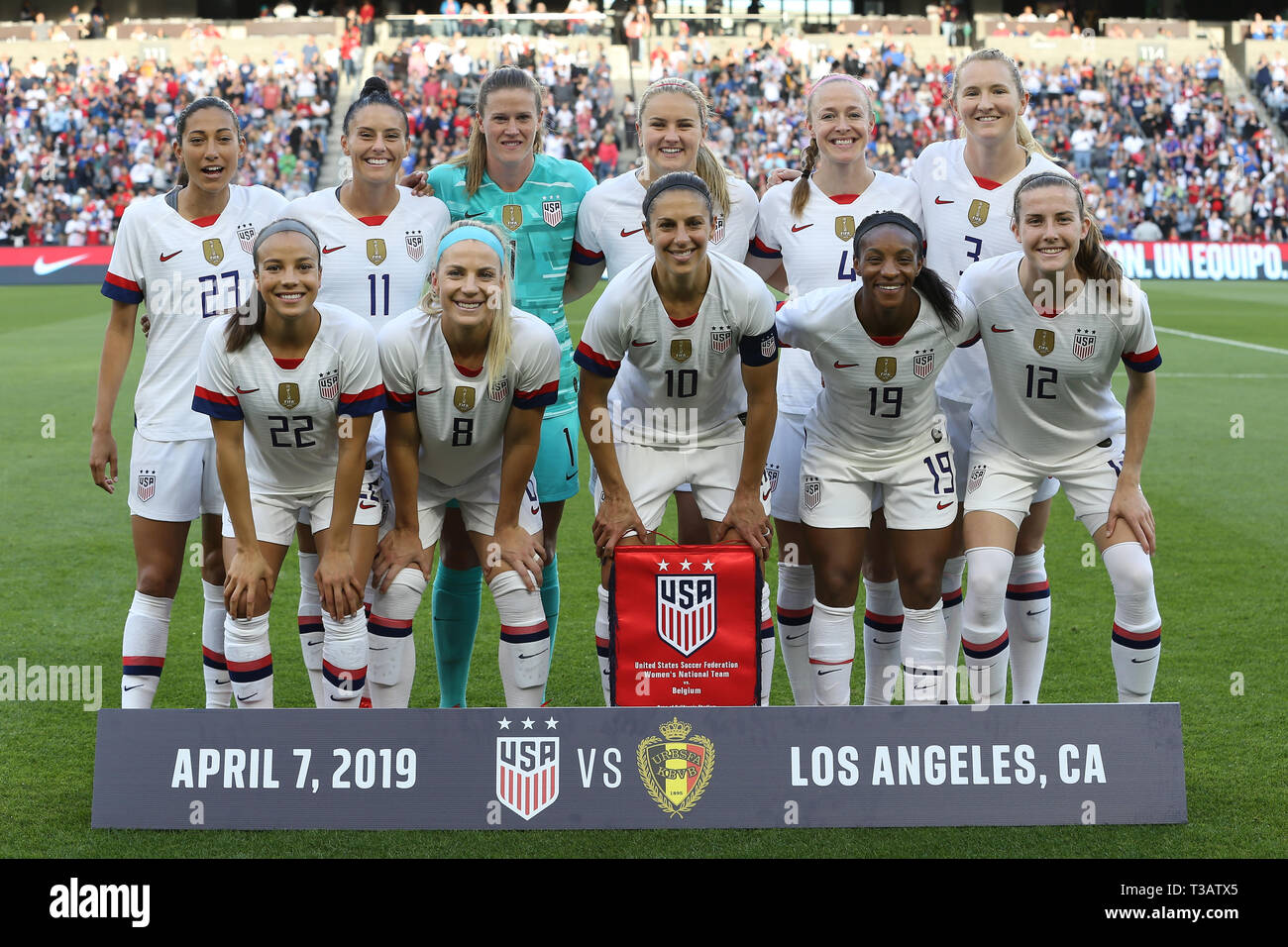 Los Angeles, CA, USA. 7th Apr, 2019. The USA starters pose for their team photo before the game between Belgium and USA at Banc of California Stadium in Los Angeles, CA. USA. (Photo by Peter Joneleit) Credit: csm/Alamy Live News Stock Photo