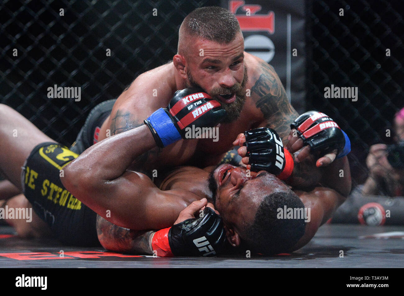 Liberec, Czech Republic. 06th Apr, 2019. Czech MMA fighter Karlos Vemola  (up) fights with French fighter Prince Aounallah during the Night of  Warriors gala evening on April 6, 2019, in Liberec, Czech