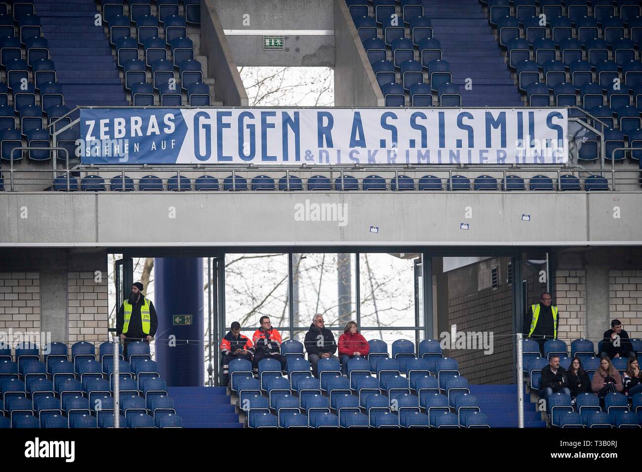 Duisburg, Deutschland. 06th Apr, 2019. Feature, poster in the stadium,  "Zebras versus Racism & Discrimination" Football 2nd Bundesliga, 28th  matchday, MSV Duisburg (DU) - FC Ingolstadt 04 (IN) 2: 4, on 06.04.2019