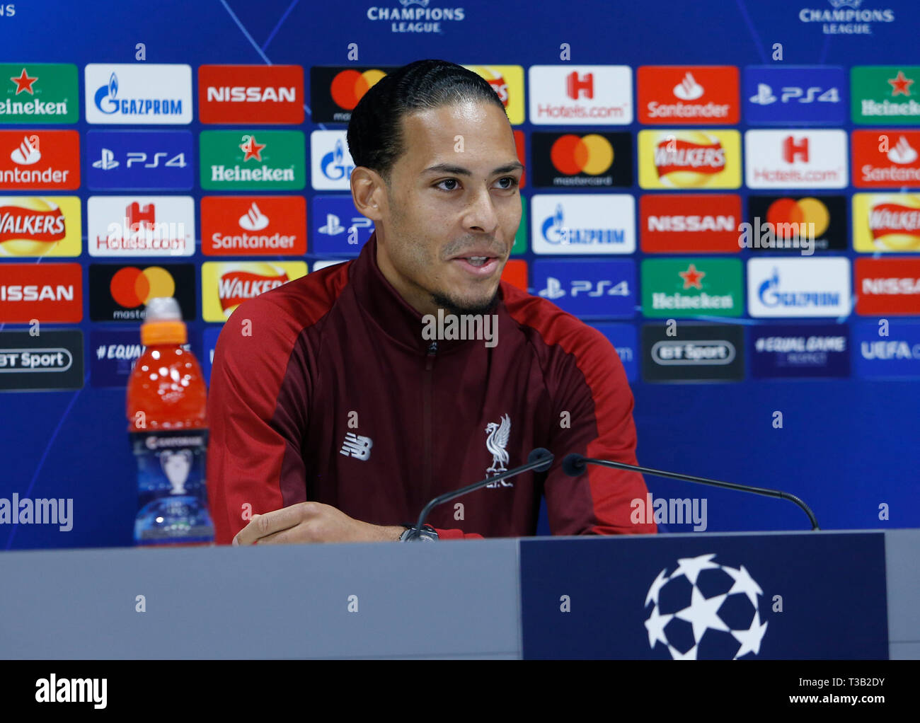 Anfield, Liverpool, UK. 8th Apr 2019. Liverpool press conference ahead of  their Champions League fixture against FC Porto; Virgil van Dijk of  Liverpool speaks to the media at Anfield ahead of tomorrow