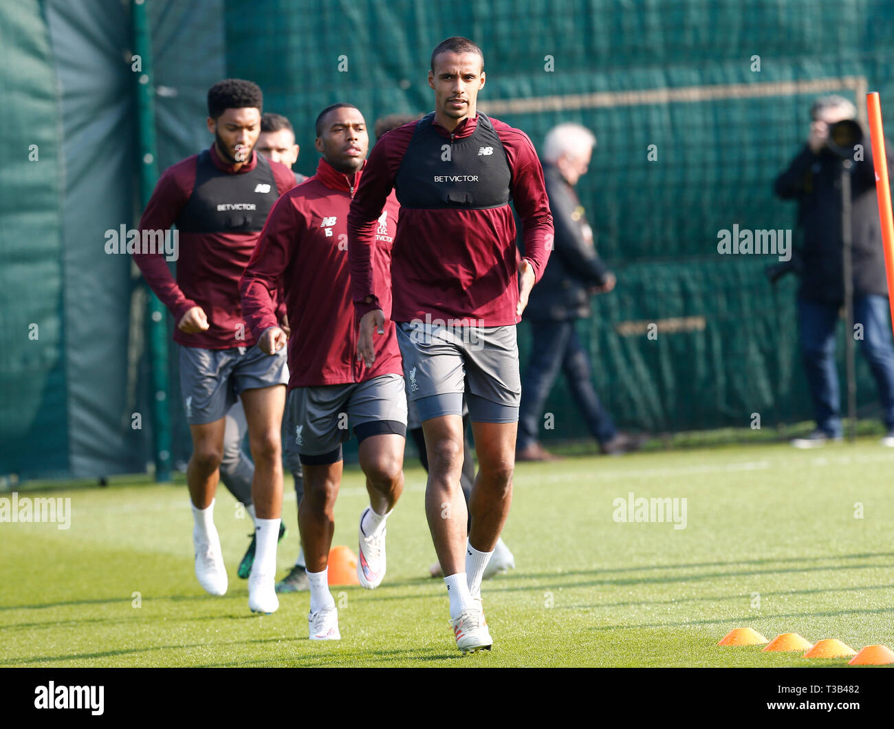 Melwood, Liverpool, UK. 8th Apr, 2019. Liverpool training session ahead of their Champions League fixture against FC Porto; Joel Matip during Liverpool's open training session at Melwood ahead of tomorrow night's Champions League quarter final first leg versus FC Porto Credit: Action Plus Sports/Alamy Live News Stock Photo