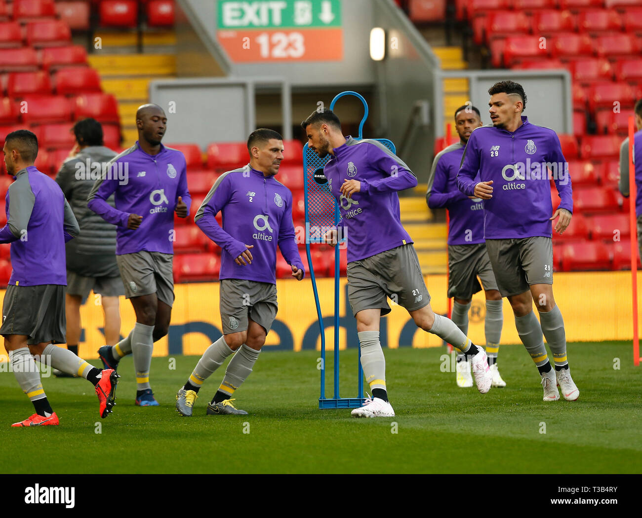 Anfield, Liverpool, UK. 8th Apr, 2019. FC Porto training ahead of their Champions League fixture against Liverpool FC; Maximiliano Pereira, Andre Pereira and Soares of FC Porto during their open training session at Anfield ahead of tomorrow night's Champions League quarter final first leg versus Liverpool Credit: Action Plus Sports/Alamy Live News Stock Photo