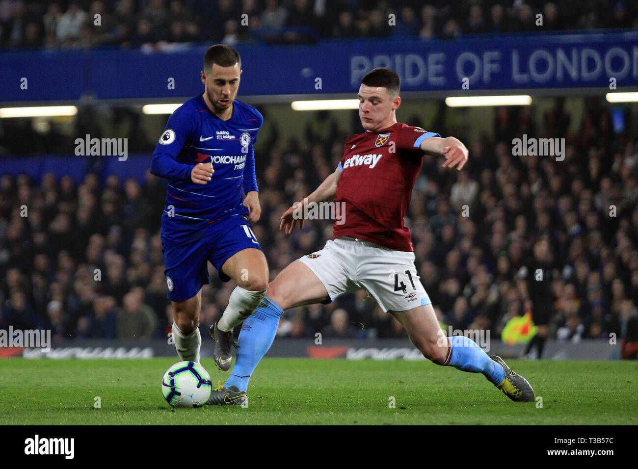 London Uk 8th Apr 19 Eden Hazard Of Chelsea L Is Tackled By Declan Rice Of West Ham United R Premier League Match Chelsea V West Ham United At Stamford Bridge In