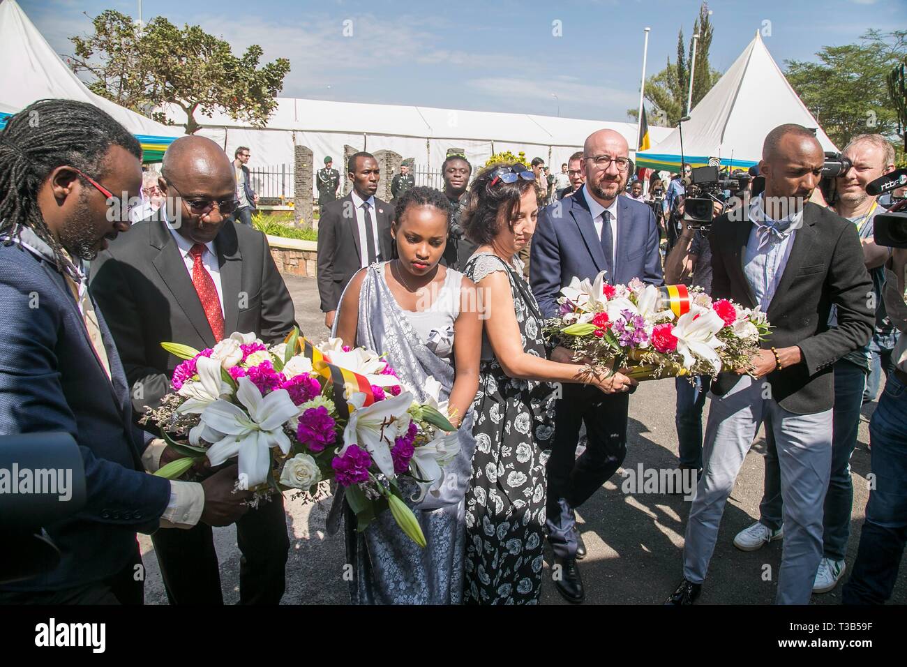 Kigali, Rwanda. 8th Apr, 2019. Belgian Prime Minister Charles Michel (2nd  R, front) and Rwandan Prime Minister Edouard Ngirente (2nd L) lay wreaths  at the Belgian Peacekeepers Memorial in Kigali, capital city