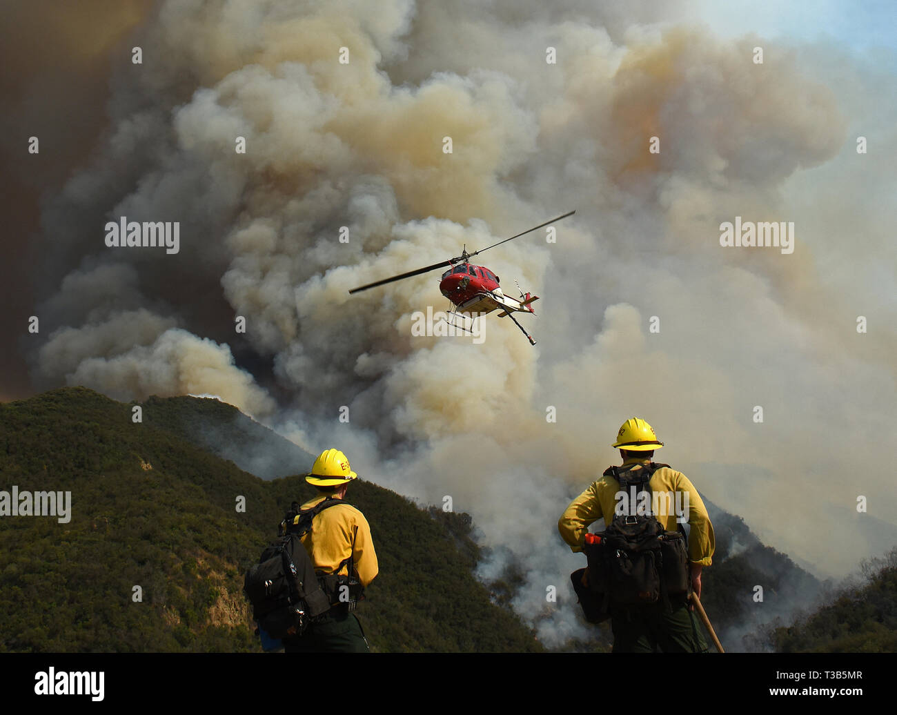Santa Barbara, CA, USA. 11th July, 2017. US Forest Service Firefighters keep an eye on flames as a helicopter passes overhead after making a water drop on flames on the Whittier Fire in Santa Barbara County, Calif. Credit: Mike Eliason/ZUMA Wire/Alamy Live News Stock Photo