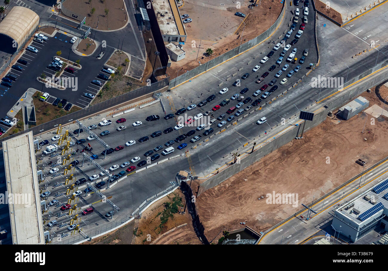 Calexico, California, USA. 2nd Apr, 2019. Aerial view of backed up