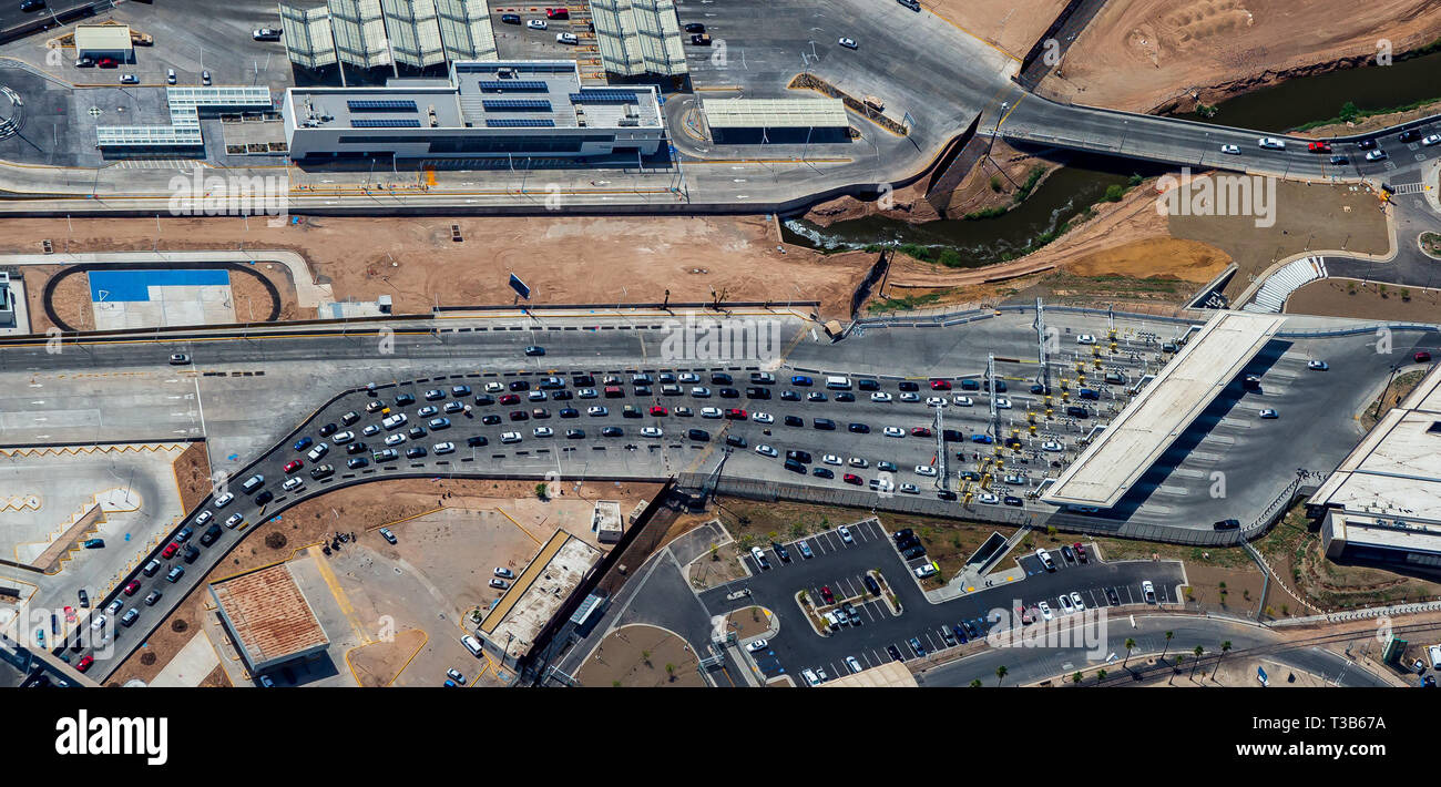 Calexico, California, USA. 2nd Apr, 2019. Aerial view of backed up