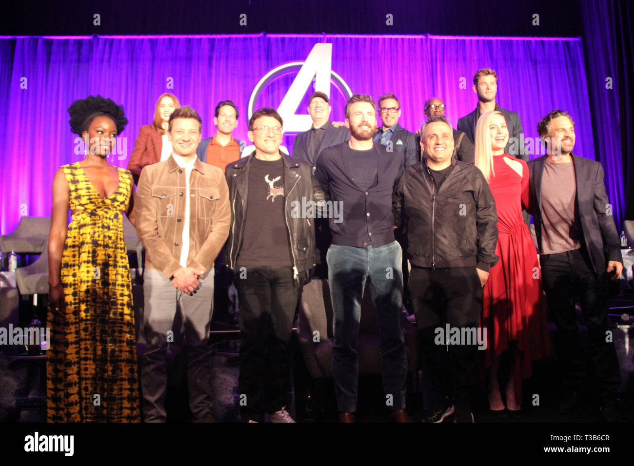 Los Angeles, USA. 7th Apr 2019. Danai Gurira, Karen Gillan, Jeremy Renner, Paul Rudd, Anthony Russo, Kevin Feige, Chris Evans, Robert Downey Jr., Joseph Russo, Don Cheadle, Brie Larson, Chris Hemsworth, Mark Ruffalo 04/07/2018 'Avengers: Endgame' Press Conference held at The InterContinental Los Angeles Downtown in Los Angeles, CA Photo by Izumi Hasegawa/HollywoodNewsWire.co Credit: Hollywood News Wire Inc./Alamy Live News Stock Photo