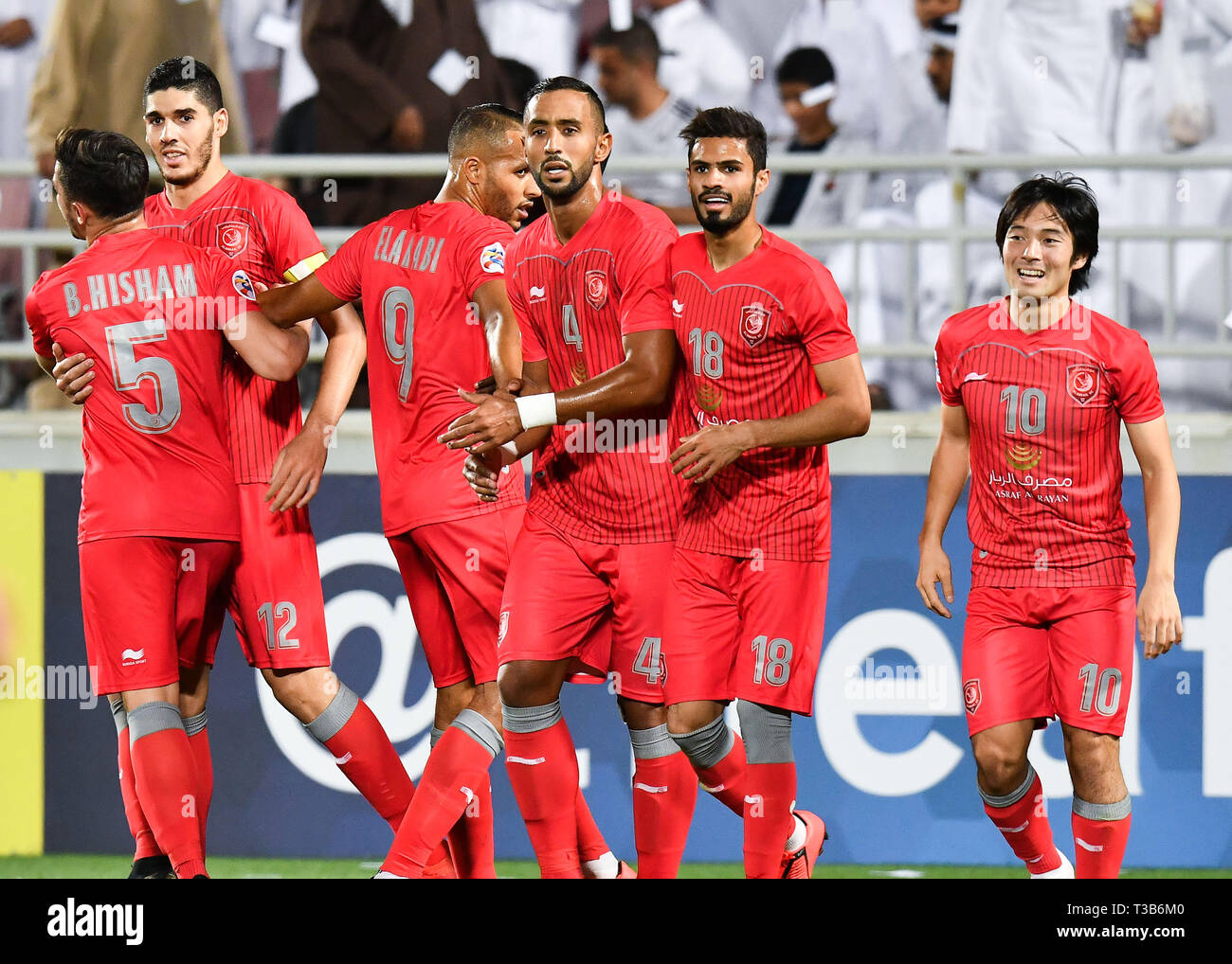 Doha, Capital of Qatar. 8th Apr, 2019. Karim Boudiaf (2nd L) of Al Duhail celebrates with his teammates after scoring the opening goal during the AFC Asian Champions League group C football match between Qatar's Al Duhail SC and UAE's Al Ain FC at Abdullah bin Khalifa Stadium in Doha, Capital of Qatar, April 8, 2019. The match ended in a 2-2 draw. Credit: Nikku/Xinhua/Alamy Live News Stock Photo