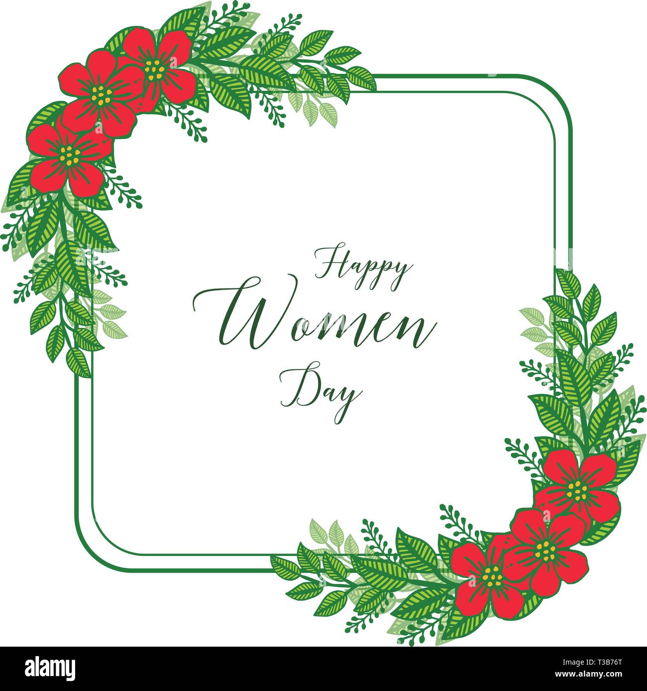 Vector illustration beautiful green leaf red flower frame with shape of ...