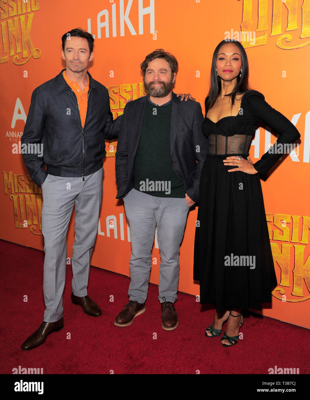 New York, NY - April 7, 2019: Hugh Jackman, Zach Galifinakis and Zoe