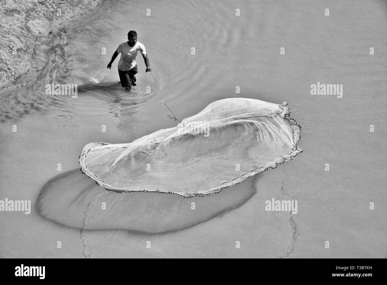 Fisherman casting fish net on the river, Chittagong, Chittagong Division, Bangladesh Stock Photo