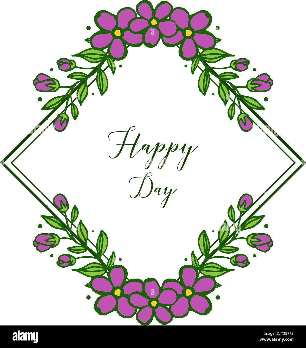 Vector illustration template happy day with purple flower frame hand ...