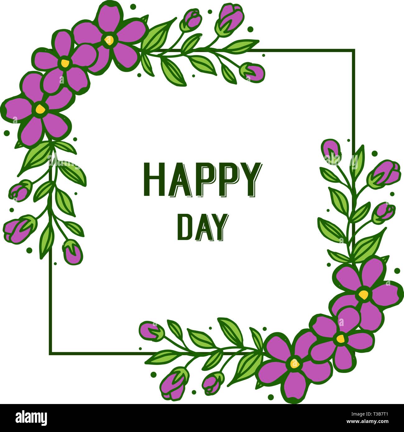 Vector illustration template happy day with purple flower frame hand ...