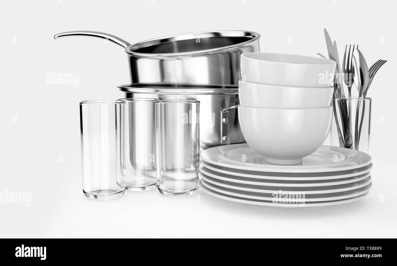 An assortment of stacked clean dishes consisiting of plates; glasses; pots and cutlery on an isolated white background - 3D render Stock Photo