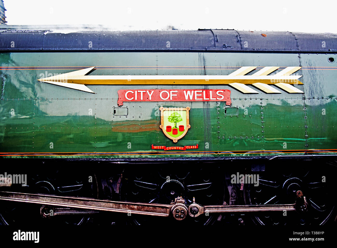 Bullied Pacific, West Country Class No 34092 City of Wells , nameplate detail, at Grosmont, North Yorkshire Moors Railway, England, 2nd April 2019 Stock Photo