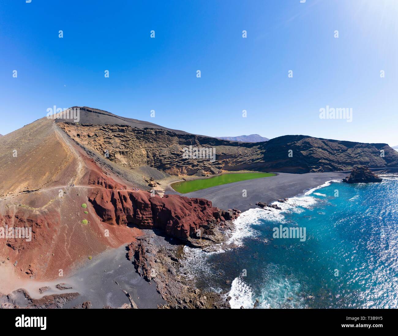 Charco de los Clicos, El Lago Verde, green lagoon, Montana del Golfo, near El Golfo, drone shot, Lanzarote, Canary Islands, Spain Stock Photo