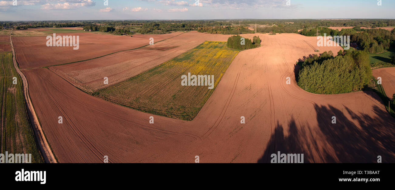 Cultivated plowed farmland fields panorama, aerial view from drone Stock Photo