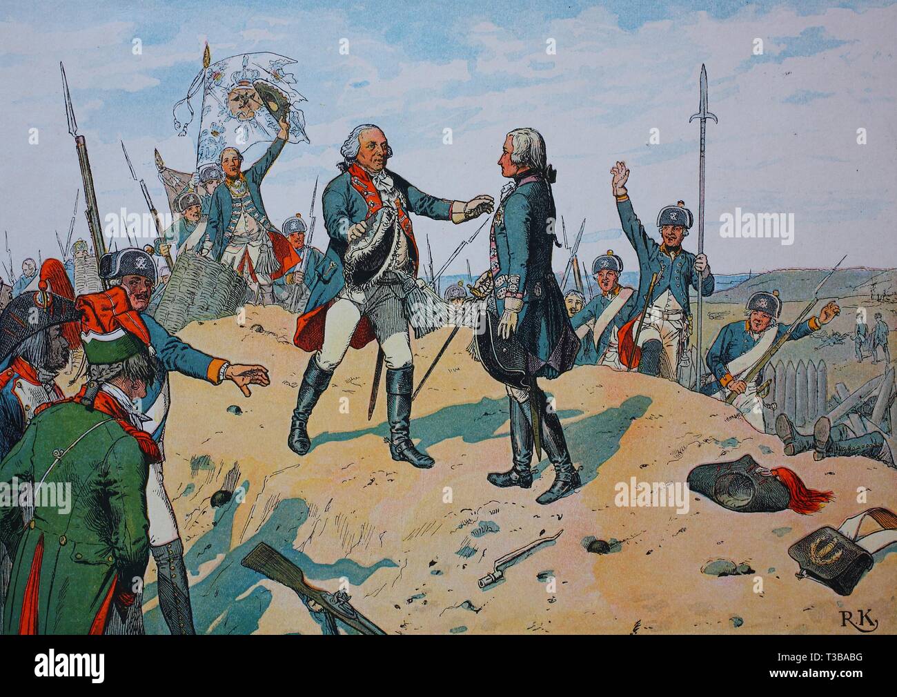 Friedrich Wilhelm II. hugs the crown prince, the later Frederick William III of Prussia, Friedrich Wilhelm III, on the hill of Kostheim, 1. May 1793,  Stock Photo