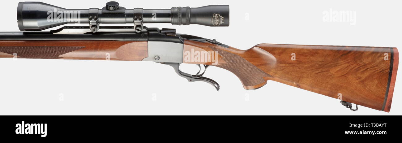 LONG ARMS, MODERN HUNTING WEAPONS, falling-block rifle Sturm Ruger, number 1 with scope Pecar, calibre 243 Winchester, number 130-19570, Additional-Rights-Clearance-Info-Not-Available Stock Photo