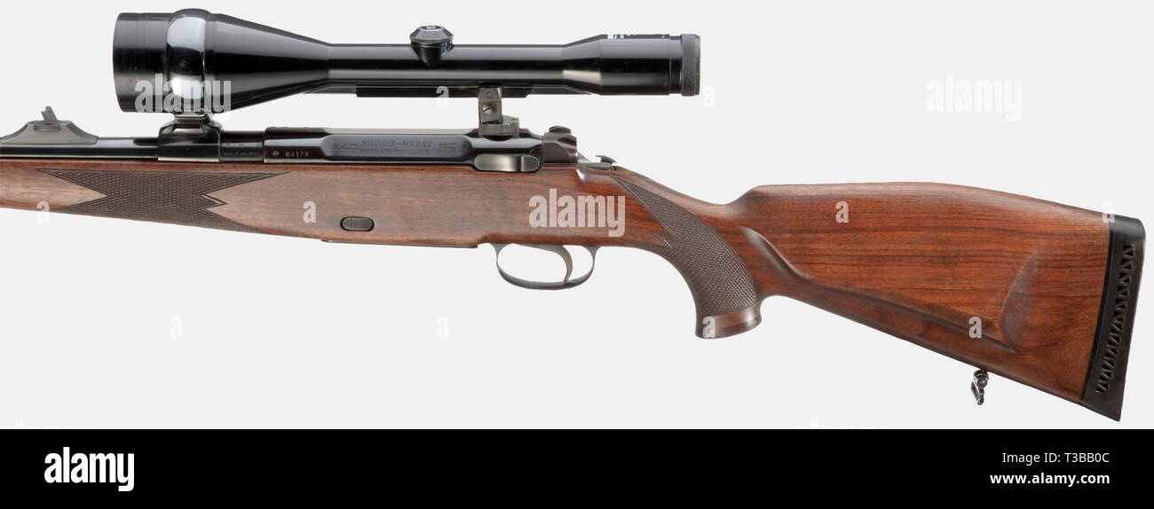 LONG ARMS, MODERN HUNTING WEAPONS, repeating rifle Mauser model 77 with scope Zeiss, calibre 7 mm Remington Magnum, number 03179, Additional-Rights-Clearance-Info-Not-Available Stock Photo