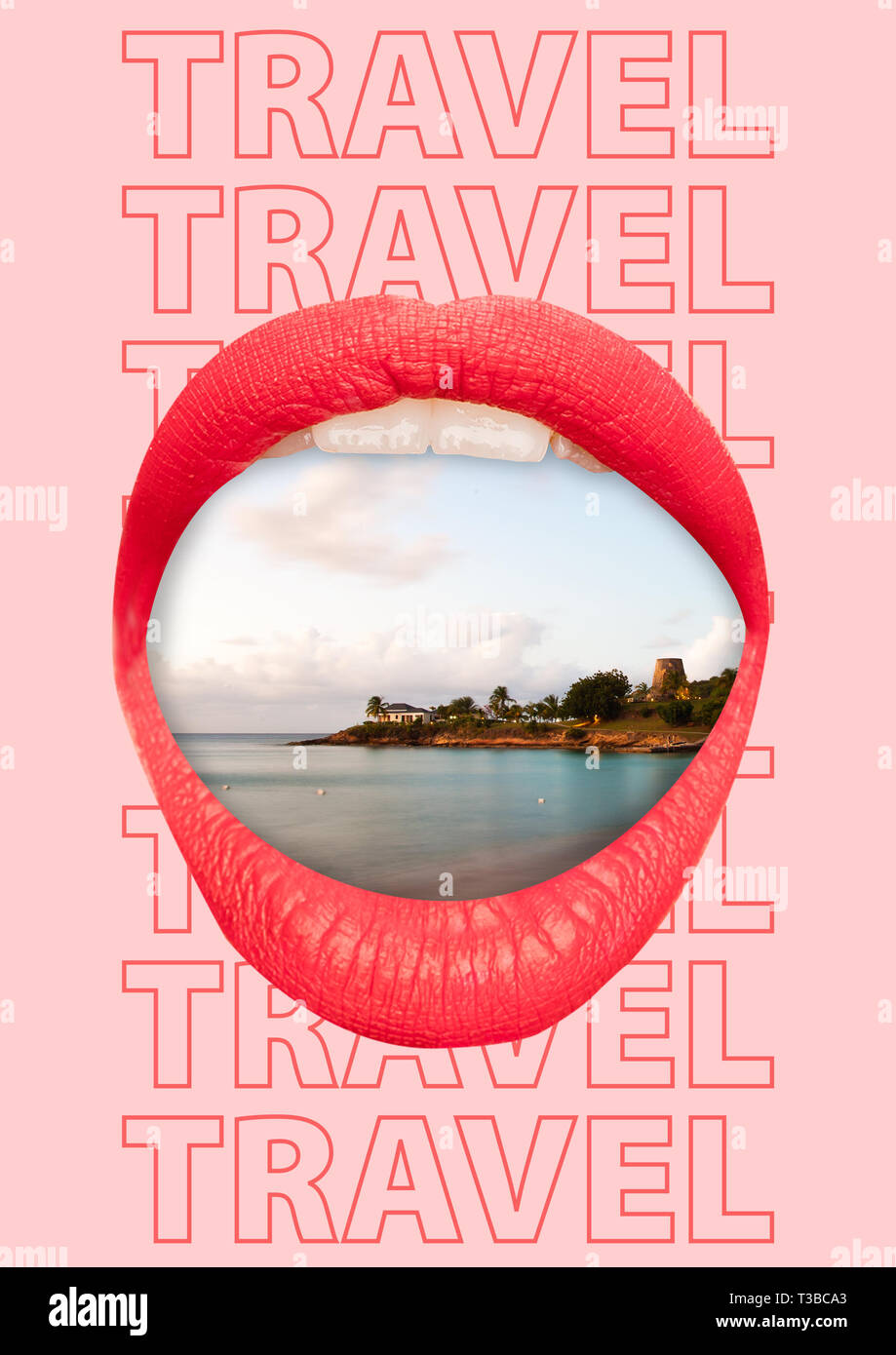 Thirst for adventure. Big female mouth with view of beach and sea against trendy coral background. Modern design. Contemporary art collage. Concept of chilling, summer resort, trip or journey. Stock Photo