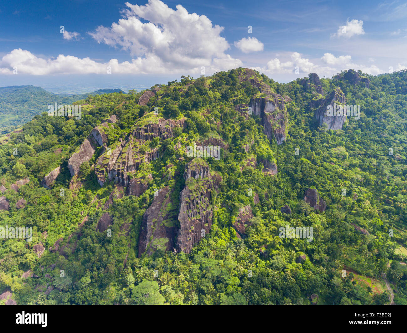 Rugged and beautiful ancient volcano in Yogyakarta. Taken by drone Stock Photo
